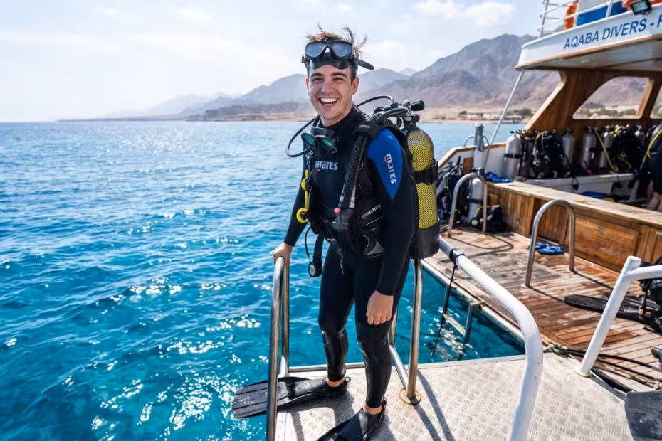A diver on a boat deck with a wetsuit, fins, and a scuba mask on his forehead, Red Sea background.